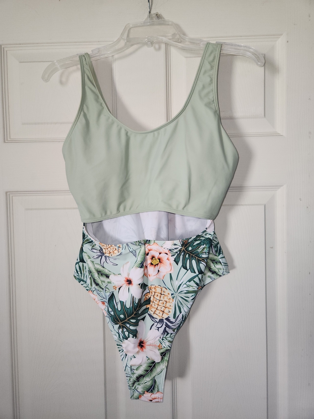Mint Green One-Piece with Tropical Floral Bottom EUC